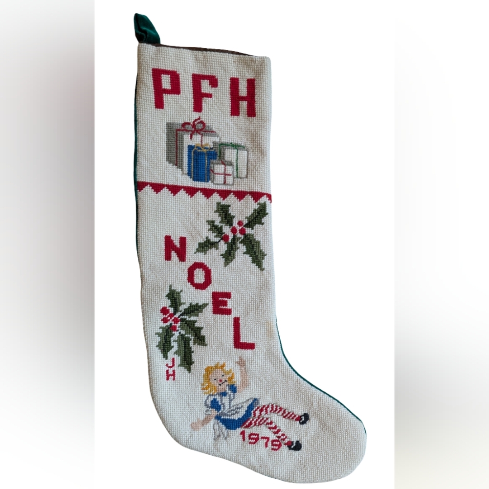 Vintage Handmade Monogrammed Needlepoint Christmas Stocking 1970s